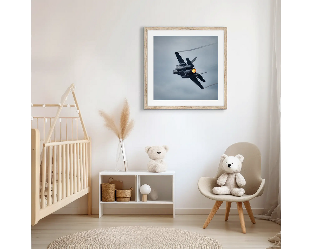 Like a Bird. Aviation photographic wall art print, with a timber frame, hung in a scandi kids bedroom. 
