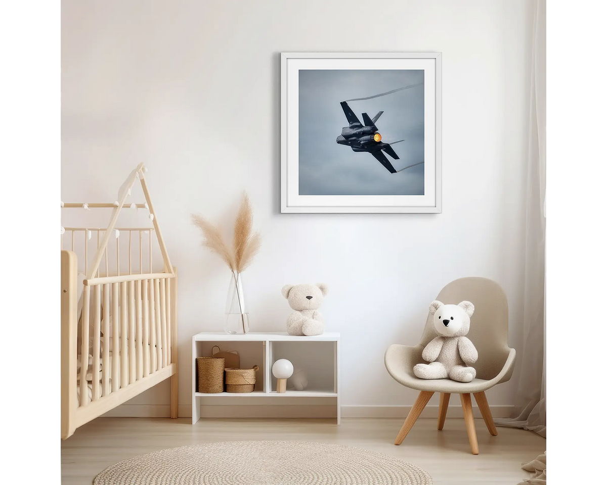 Like a Bird. Aviation photographic wall art print, with a white frame, hung in a scandi kids bedroom. 