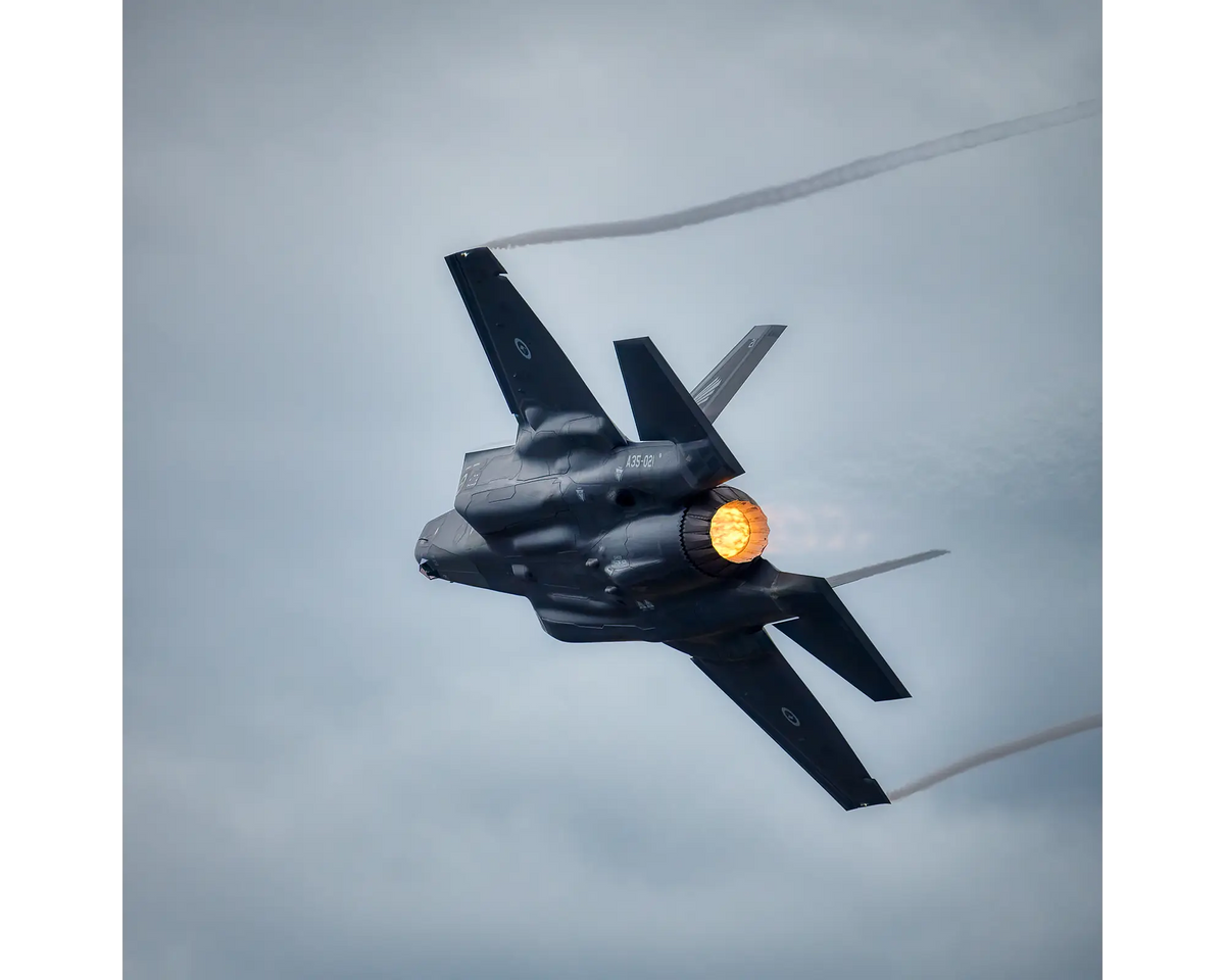 Royal Australian Air Force F-35 Joint Strike Fighter from 3 Squadron in full afterburner.