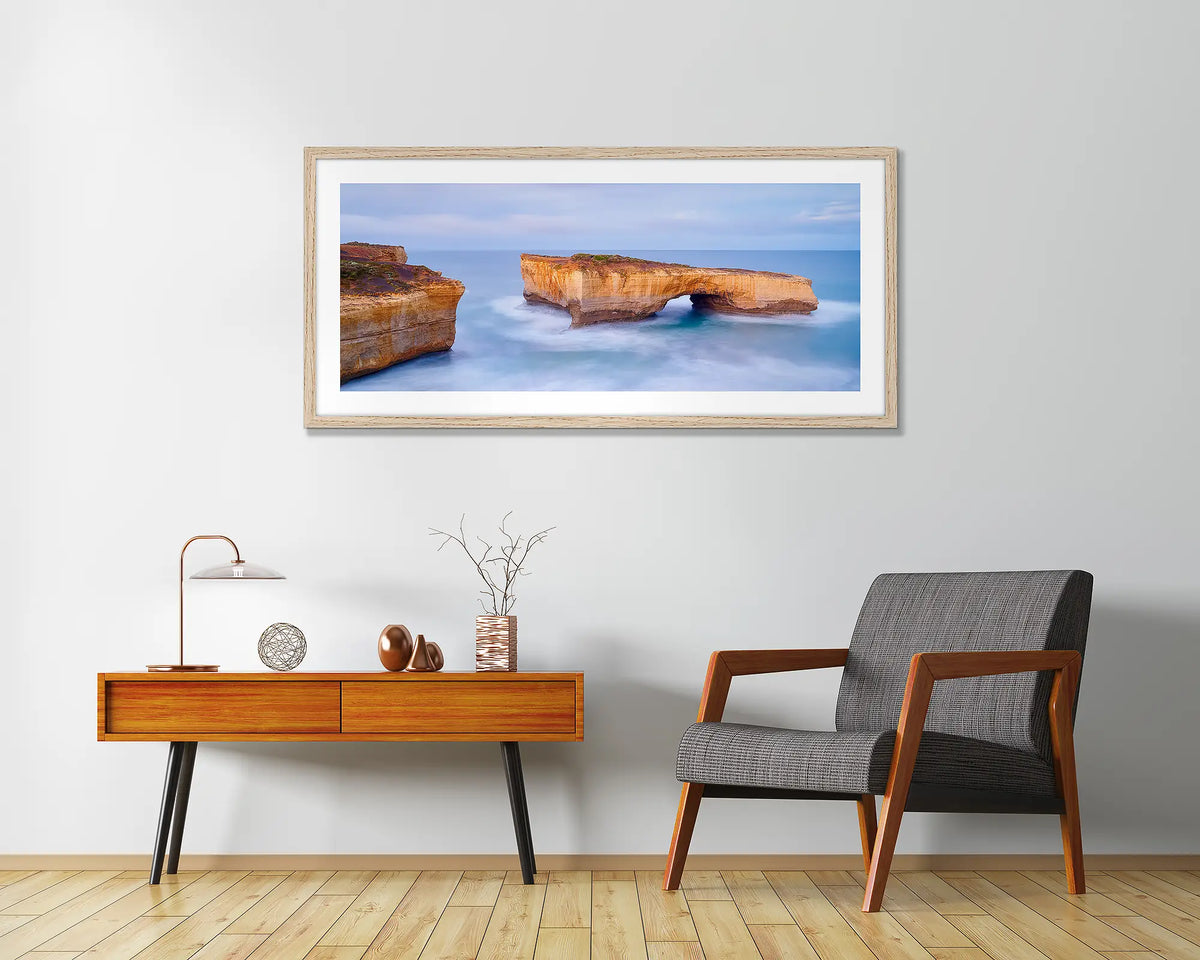 London Bridge. Great Ocean Road wall art print, framed with a Tasmanian Oak frame and hung in an entrance foyer. 