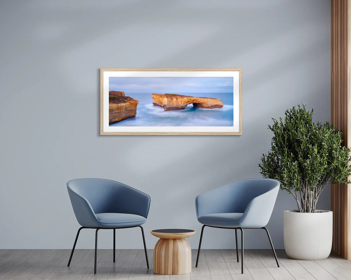 London Bridge. Great Ocean Road wall art print, framed with a Tassie Oak frame and hung in a waiting room. 