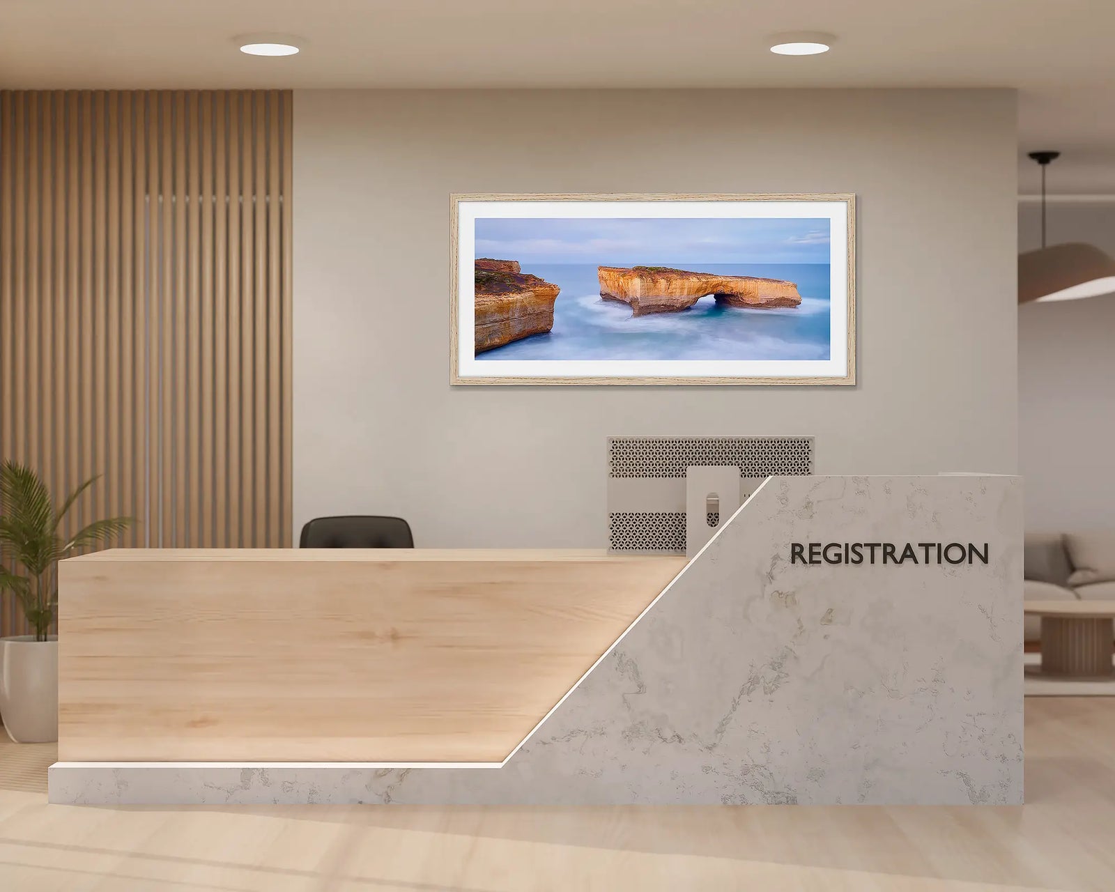 Framed wall art print of a limestone rock formation in a blue ocean, beside the Great Ocean Road in Victoria. 