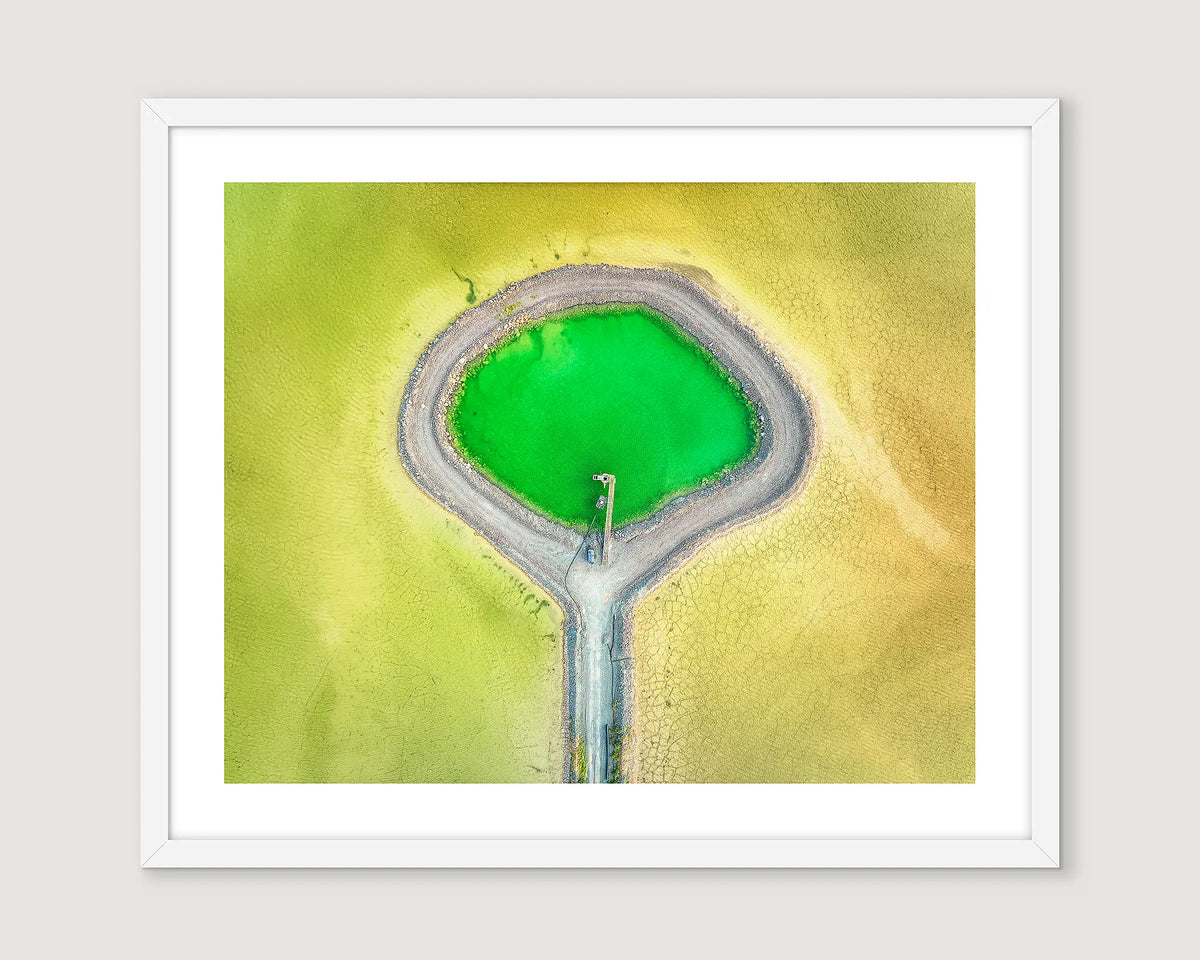 Framed photographic wall art print of a tailings damn.
