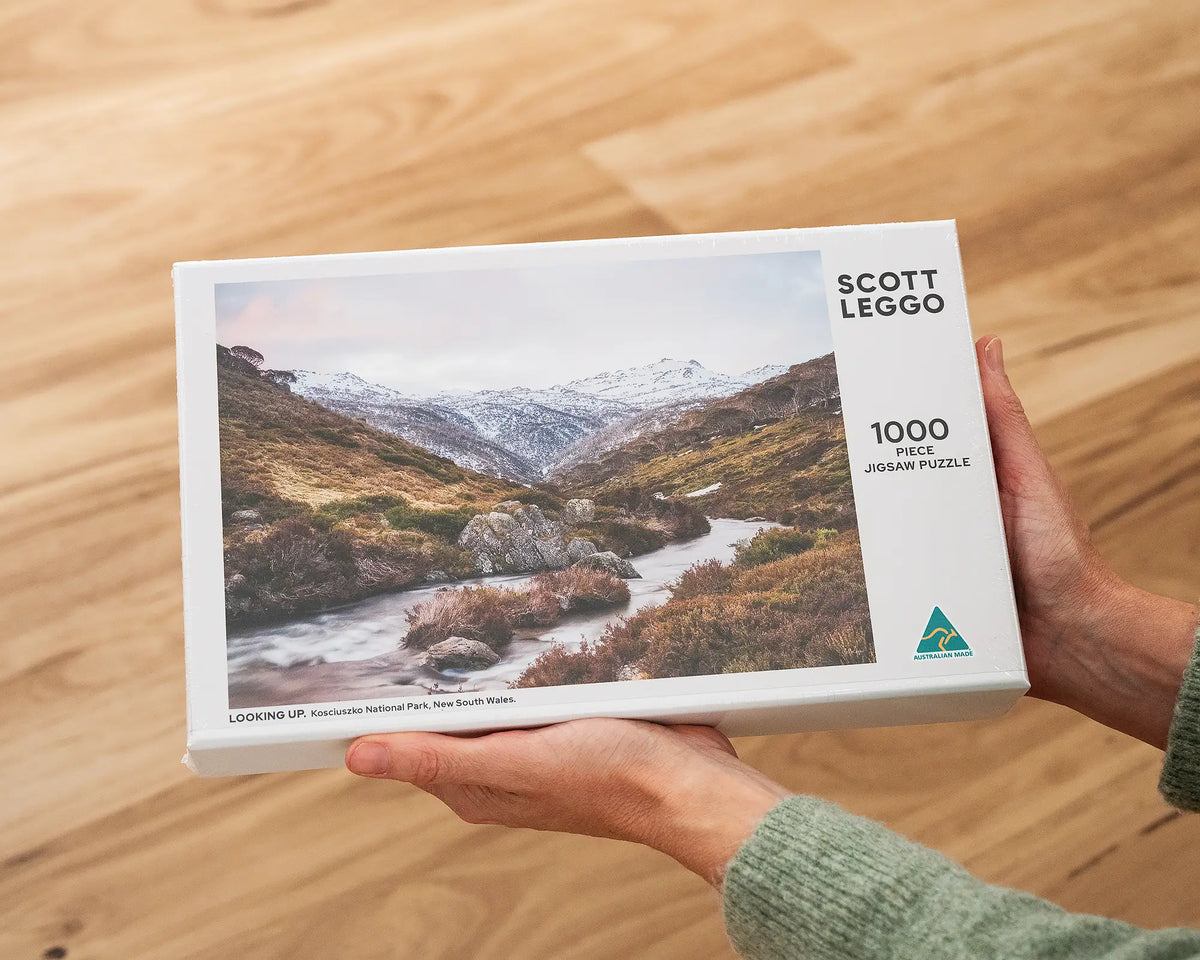 Looking Up 1000 piece jigsaw puzzle being held by a women.