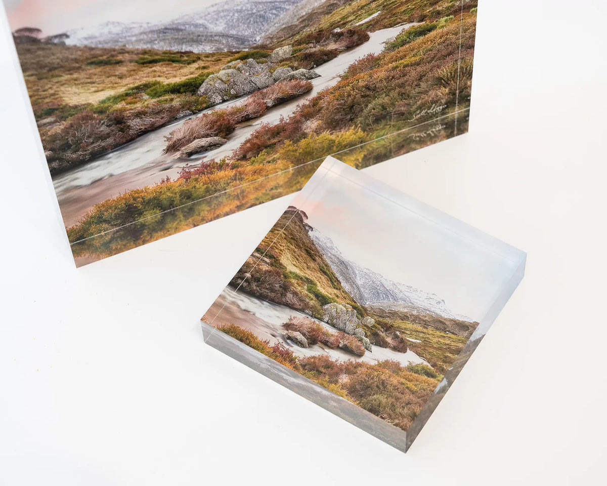 Looking Up. Acrylic block of Thredbo River, Kosciuszko National Park, 10cm block laying flat with 19cm upright.