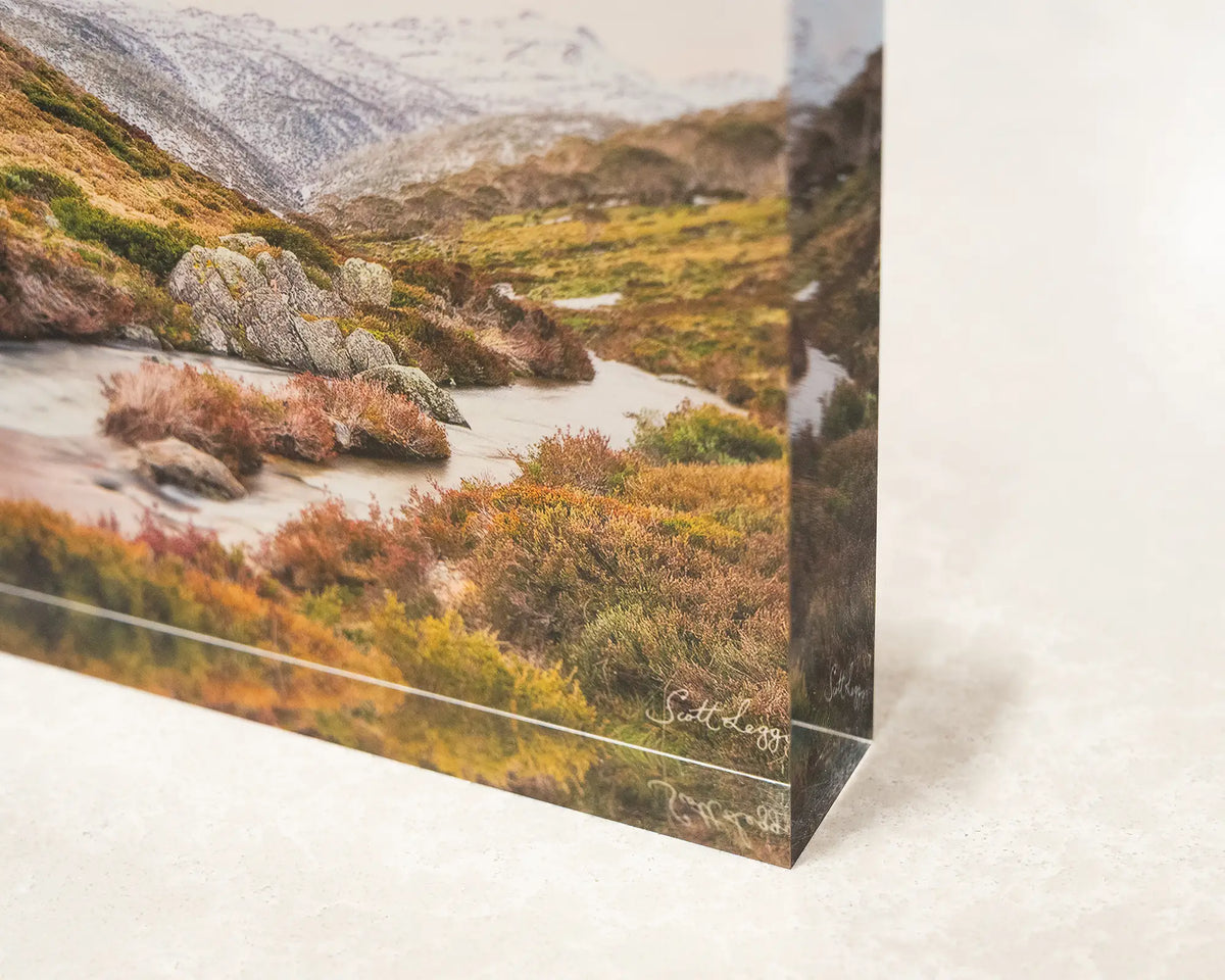 Looking Up. Acrylic block of Thredbo River, Kosciuszko National Park, corner close-up details.
