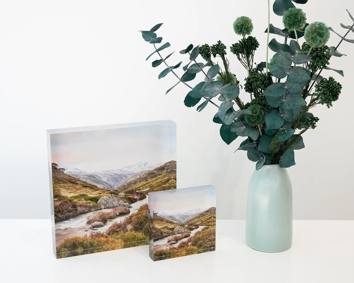 Looking Up. Acrylic blocks 19cm and 10cm of Thredbo River, Kosciuszko National Park, styled on a desk with flower arrangement.