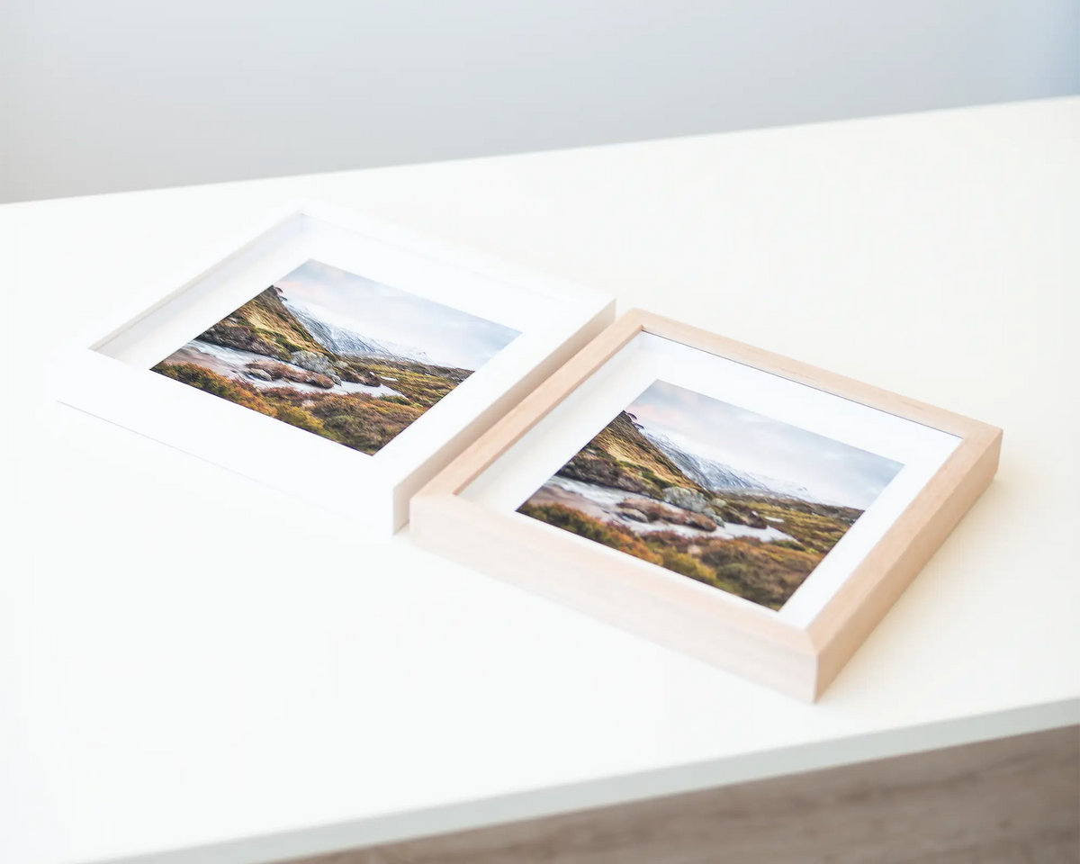 Looking Up samll framed prints in both white and Tassie Oak frames.