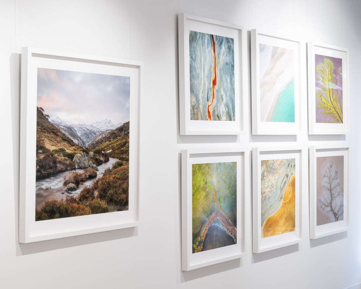Looking Up. Thredbo River Kosciuszko National Park, with white frame, on display in gallery.