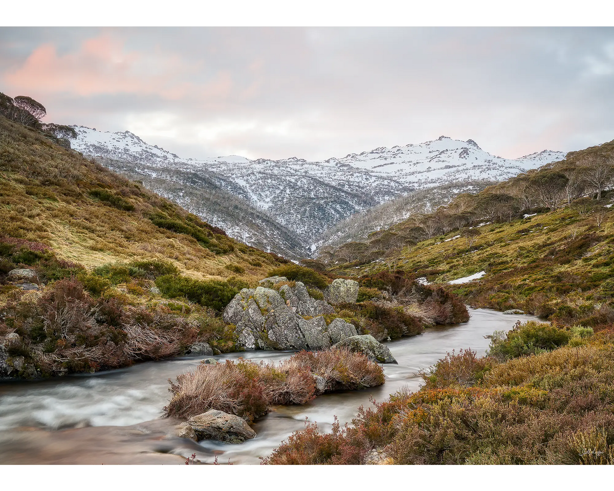 Looking Up. Thredbo River with snow, reference image for 1000 piece jigsaw puzzle.