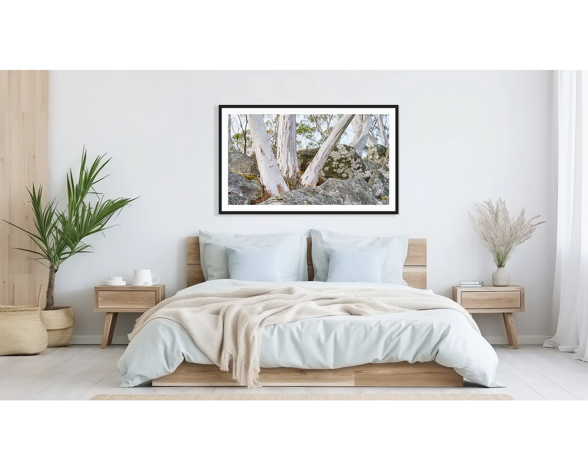Macedon Sentinels. Wall art print of snow gums on Mount Macedon, framed in a black frame and hung above a bed.