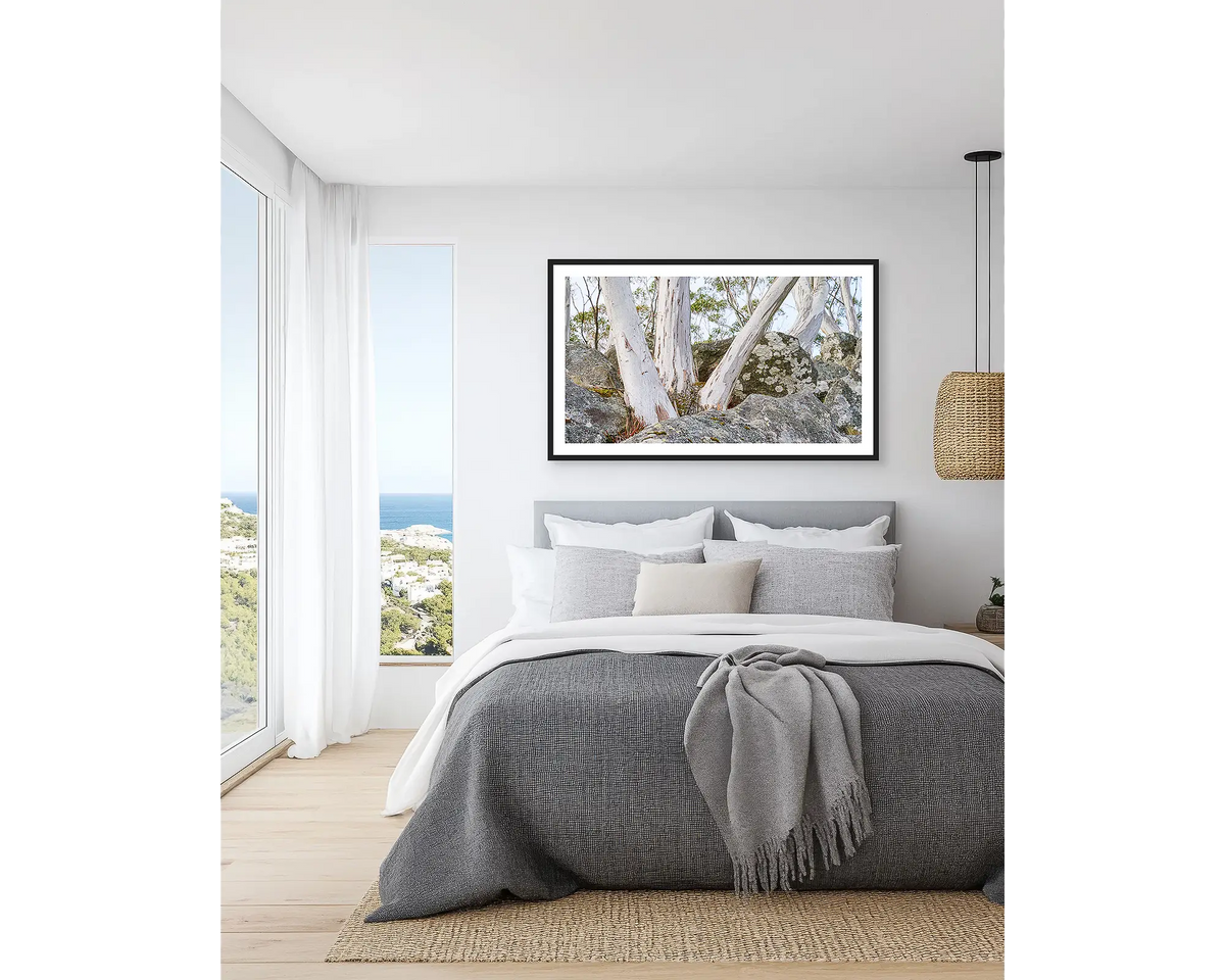 Macedon Sentinels. Wall art print of snow gums on Mount Macedon, framed in a black frame and hung in a light filled bedroom. 