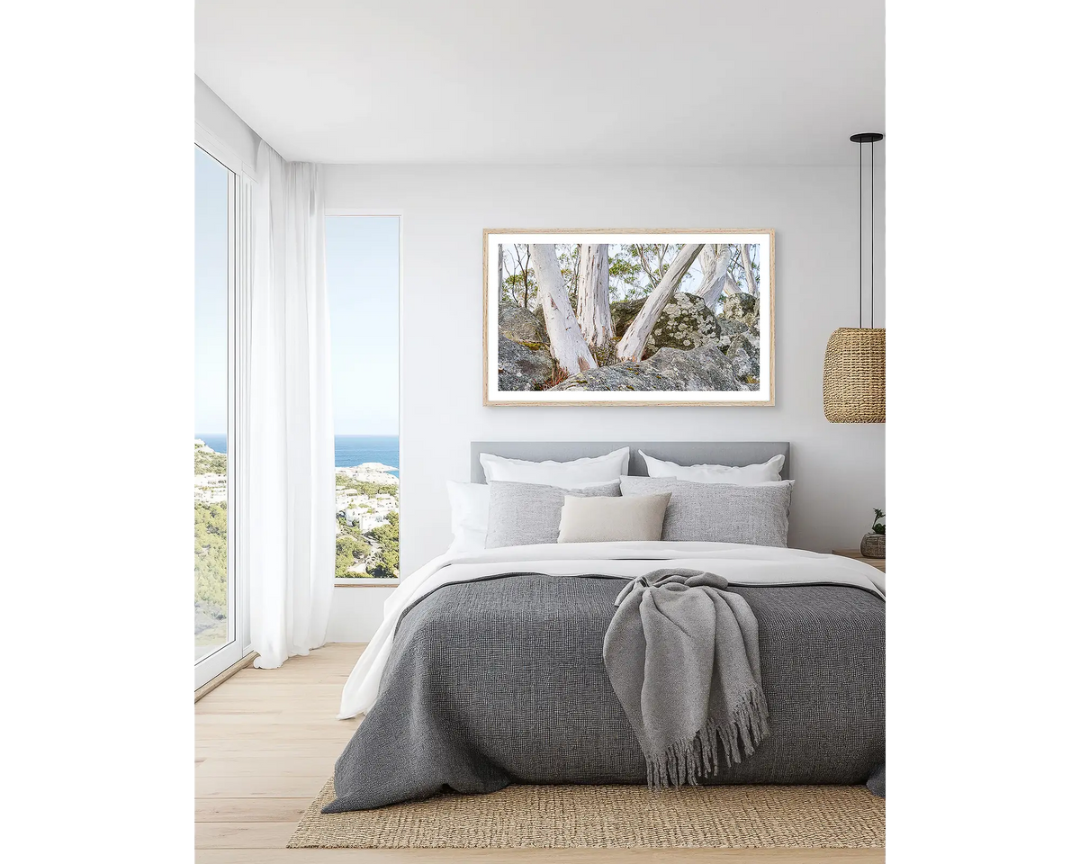 Macedon Sentinels. Wall art print of snow gums on Mount Macedon, framed in a Tasmanian Oak frame and hung in a light filled bedroom. 