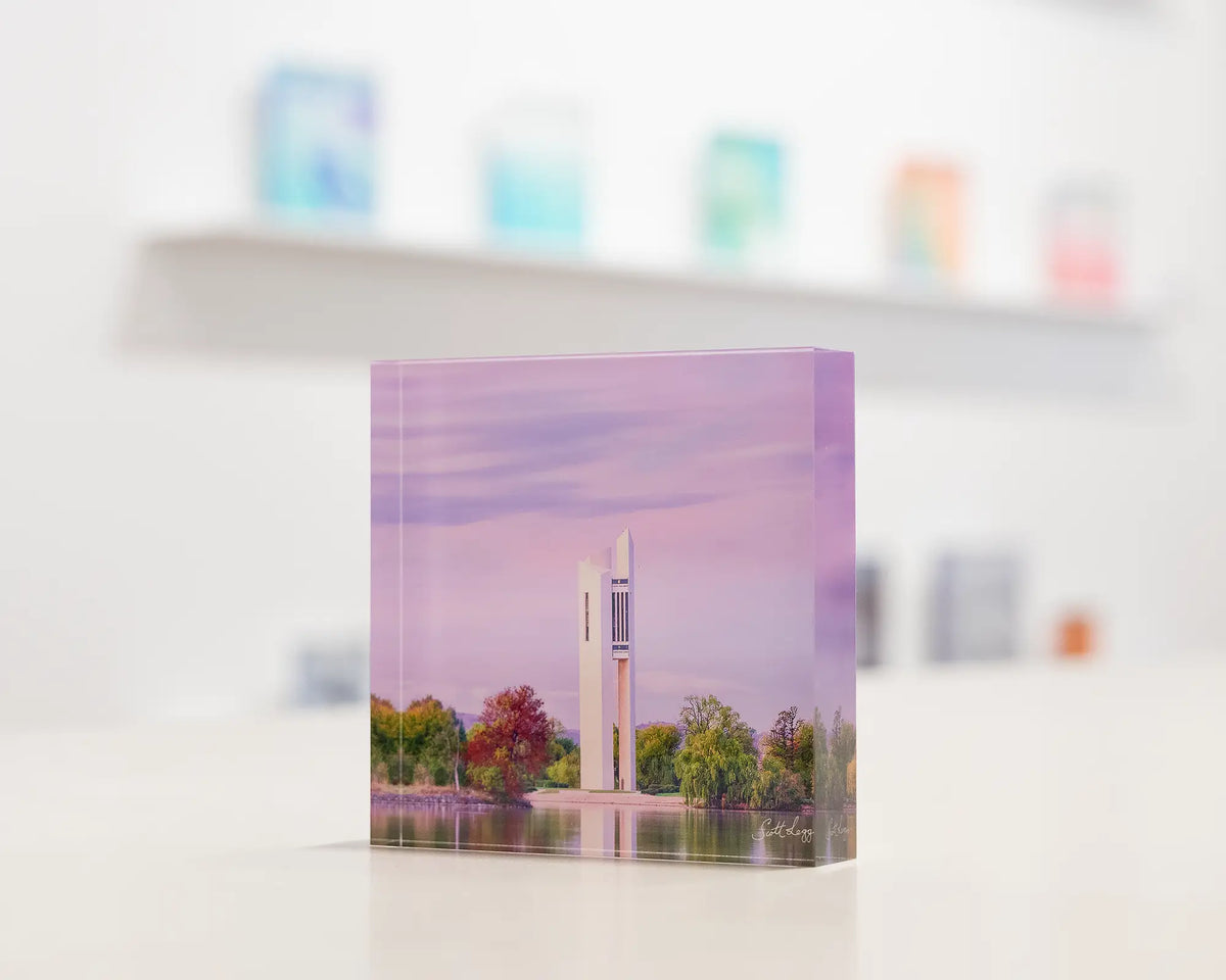 Magenta Dawn. Acrylic block of sunrise at the National Carillon Canberra, displayed in the gallery.