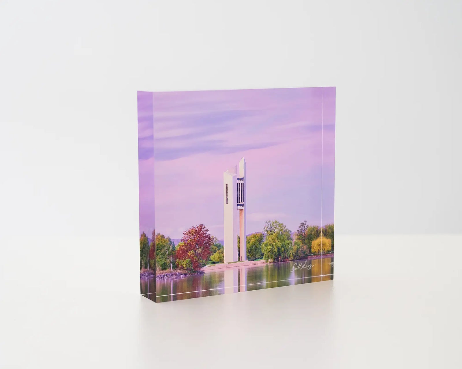 Magenta Dawn. Acrylic block of sunrise at the National Carillon Canberra.