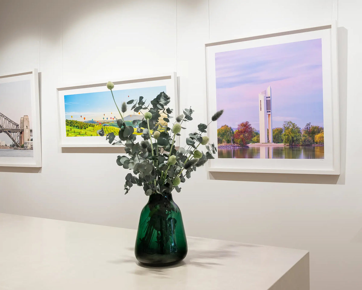 Magenta Dawn. National Carillon, Canberra, at sunrise, in gallery with local artworks.