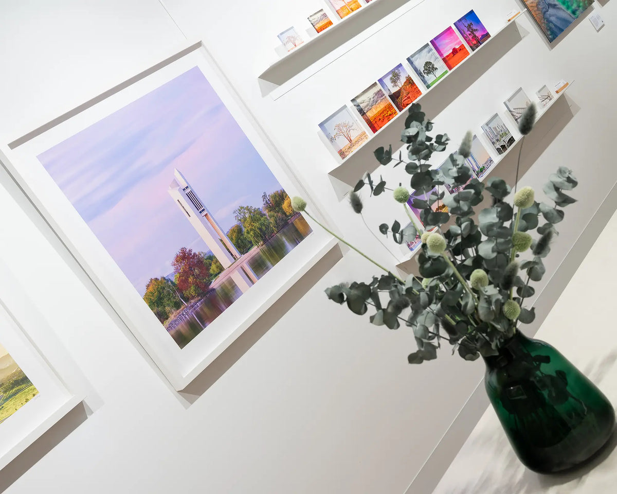 Magenta Dawn. National Carillon, Canberra, at sunrise, in gallery with vase of flowers.