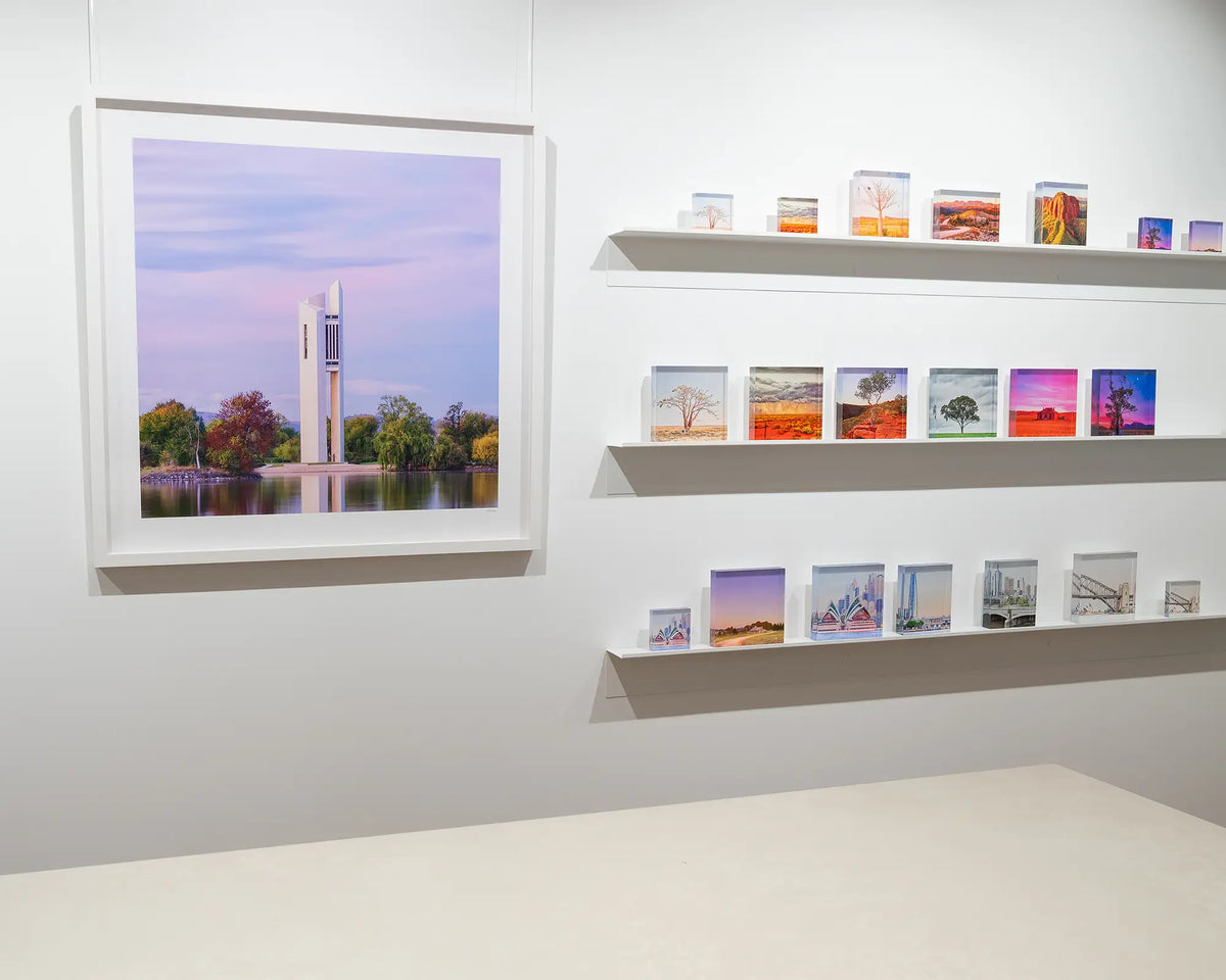 Magenta Dawn. National Carillon Canberra, at sunrise, on gallery wall beside shelves displaying acrylilc blocks.