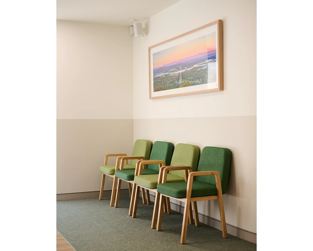 Marions View wall art print with timber frame in foyer of Walking Clinic, Canberra.