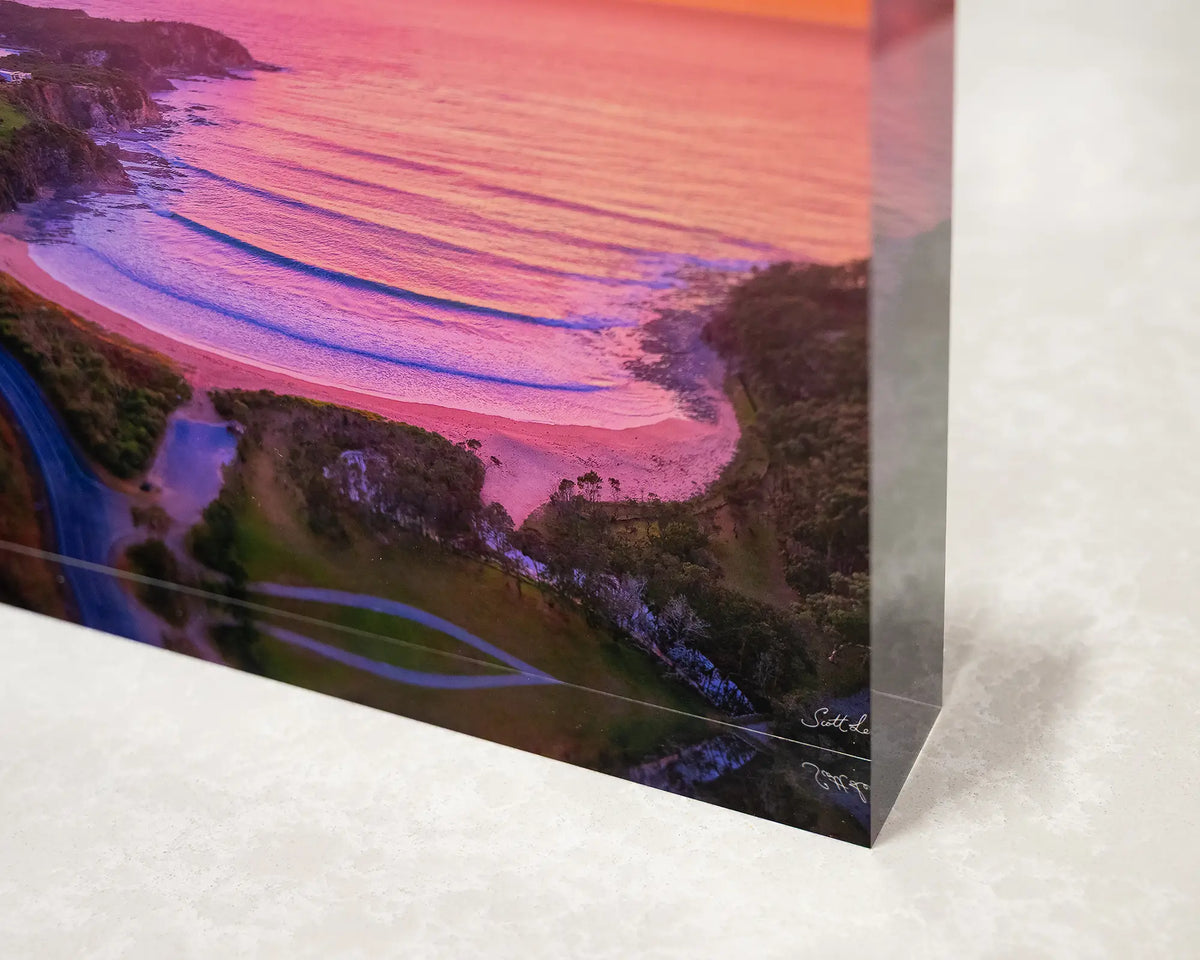 McKenzies Glow. Acrylic block of sunrise over McKenzies Beach, close-up corner details.