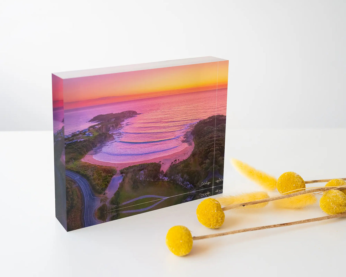 McKenzies Glow. Acrylic block of sunrise over Mckenzies Beach styled with dried flowers.