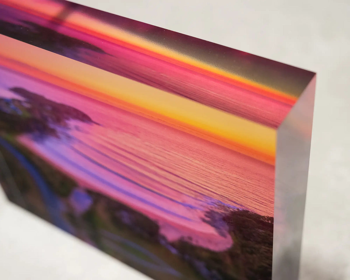 McKenzies Glow. Acrylic block of sunrise over McKenzies Beach, top corner details.