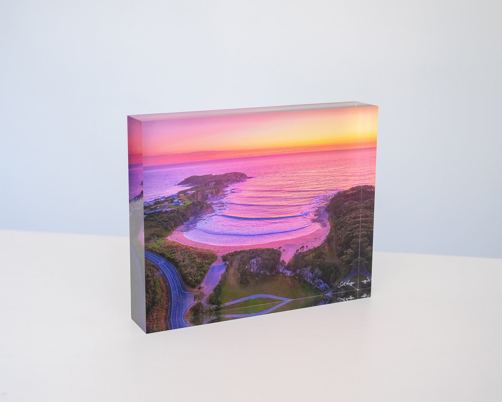 McKenzies Glow. Acrylic block of sunrise over Mckenzies Beach.