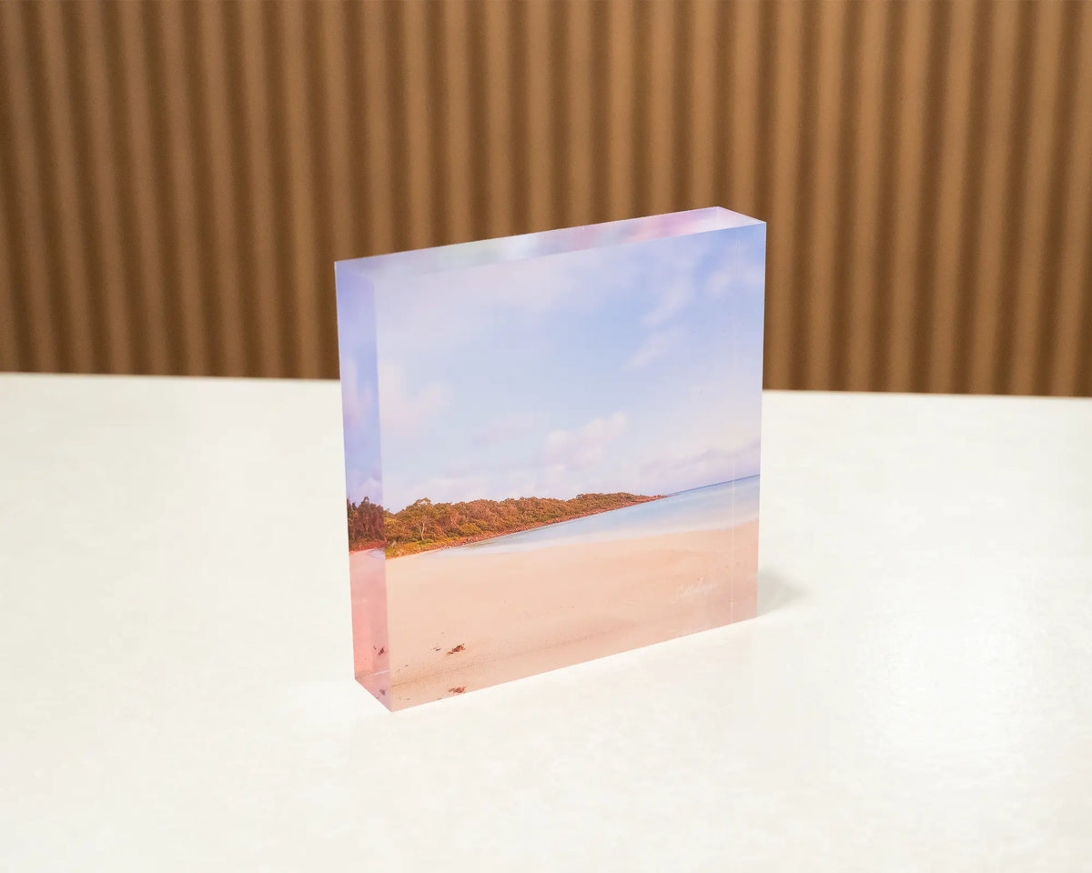 Meelup Morning. Acrylic block of sunrise at Meelup Beach, sitting on desk.