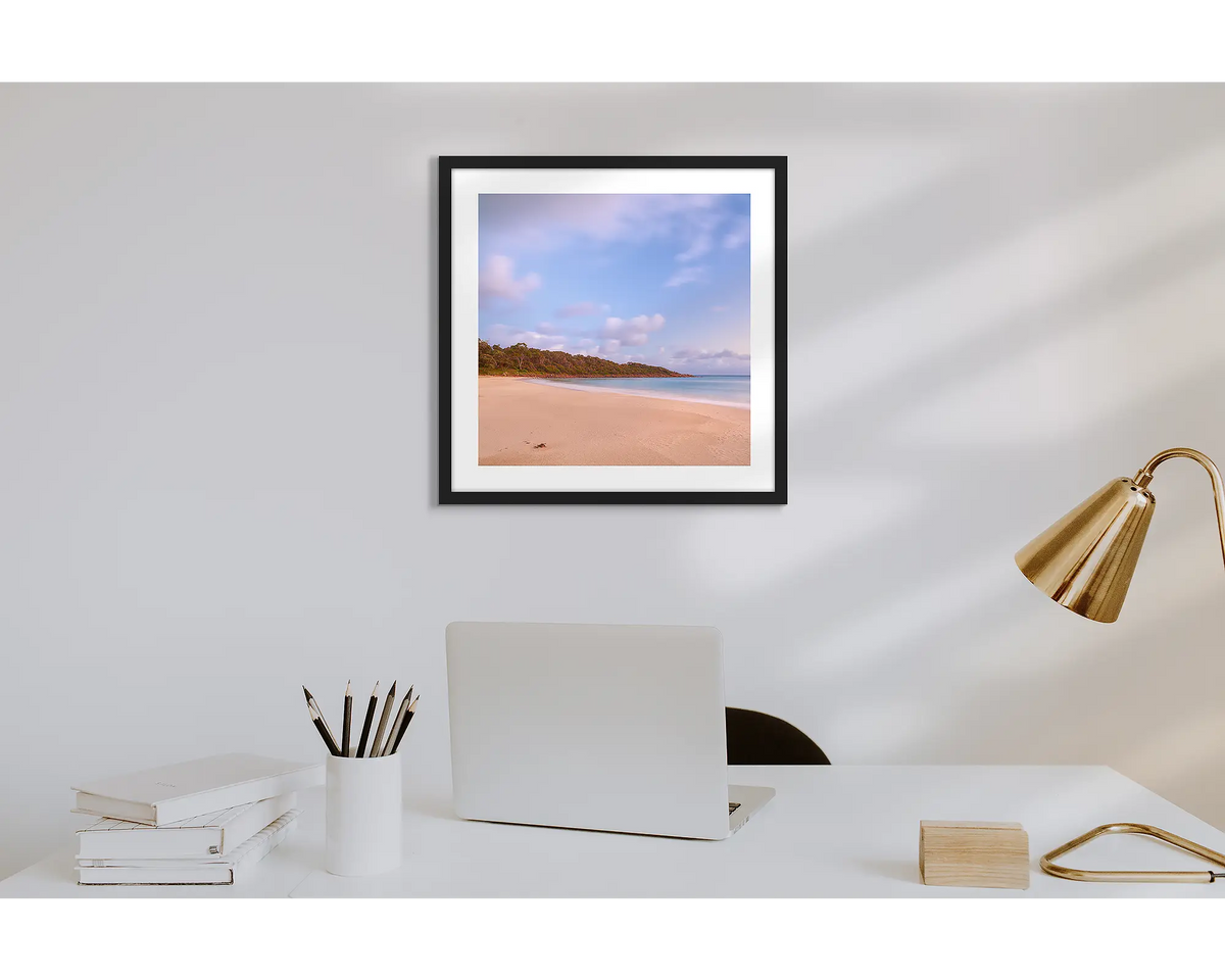 Meelup Morning. Wall art print of Meelup Beach, Geographe Bay, with a black frame in a work from home office.  