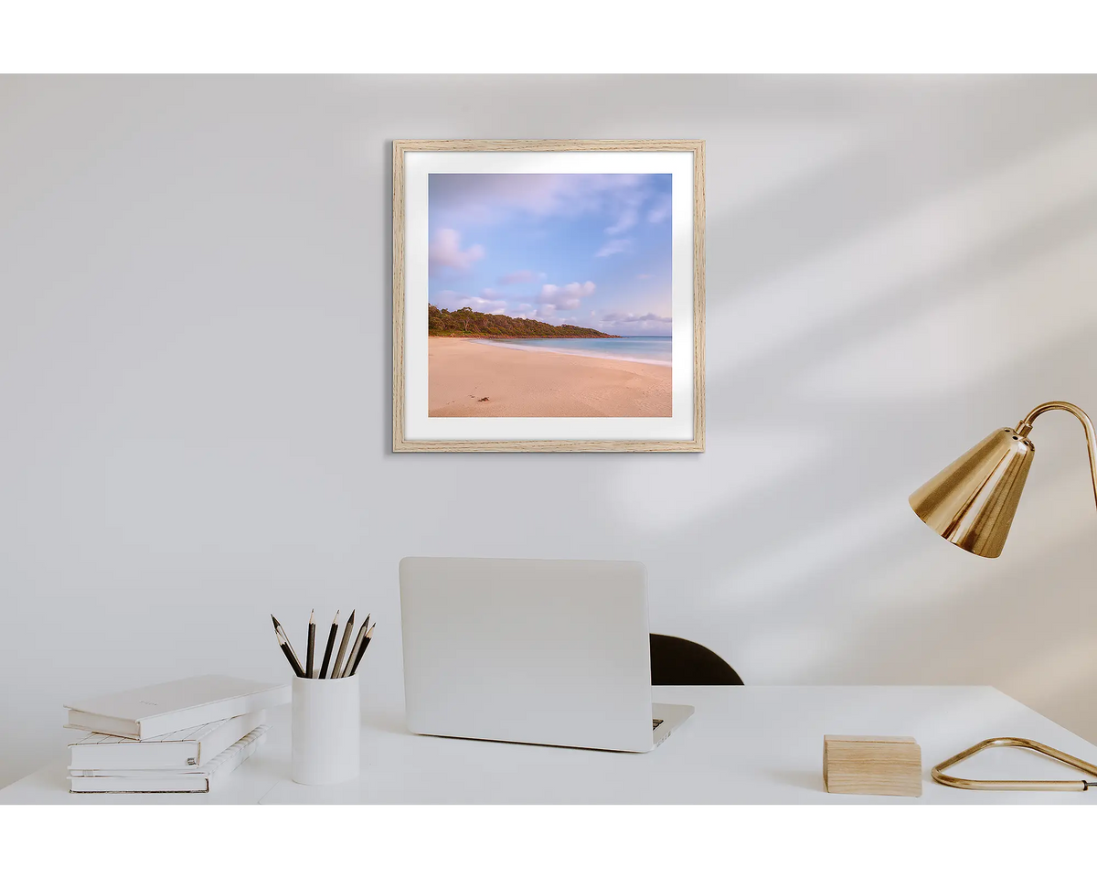 Meelup Morning. Wall art print of Meelup Beach, Geographe Bay, with a timber frame in a work from home office.  