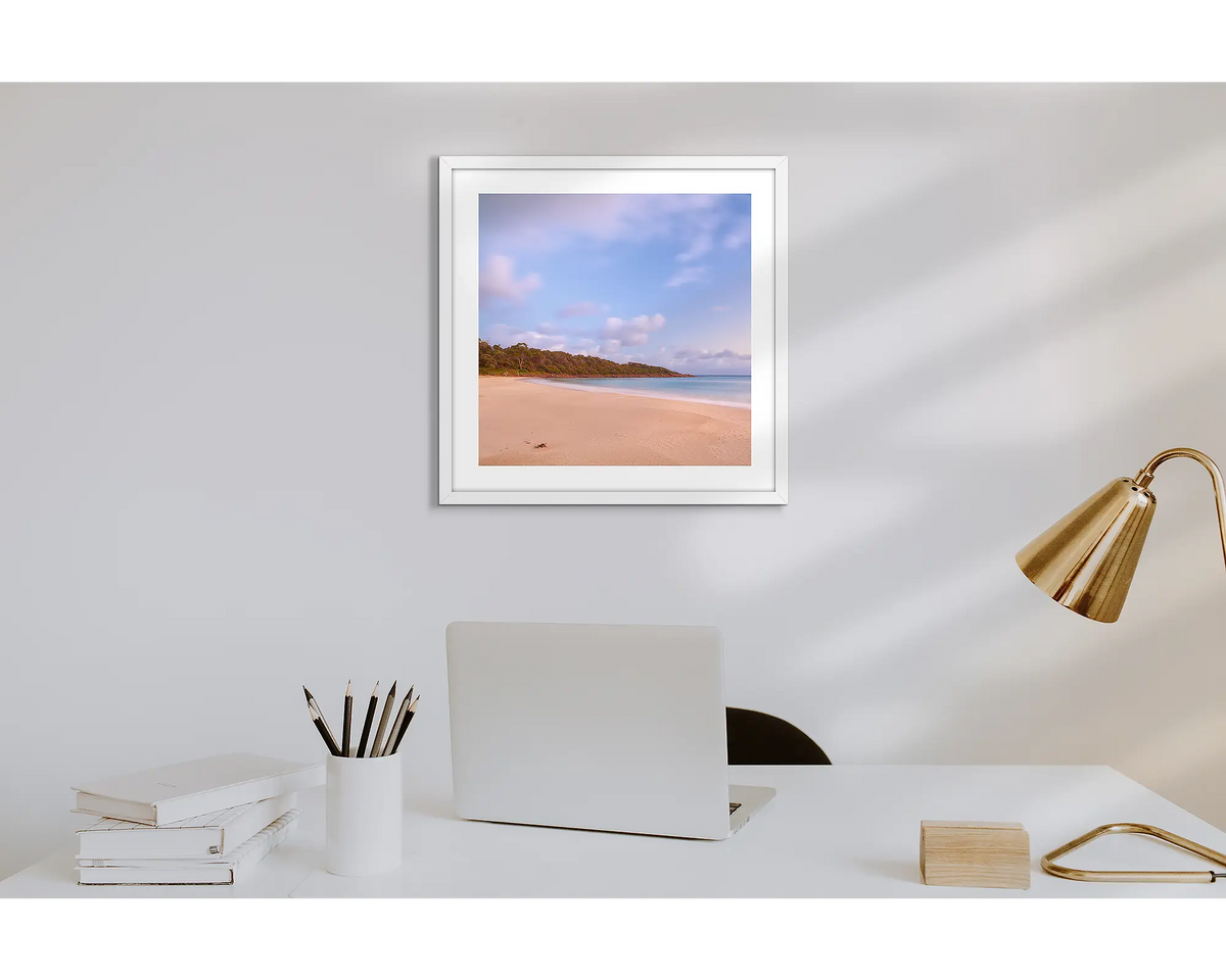 Meelup Morning. Wall art print of Meelup Beach, Geographe Bay, with a white frame in a work from home office.  