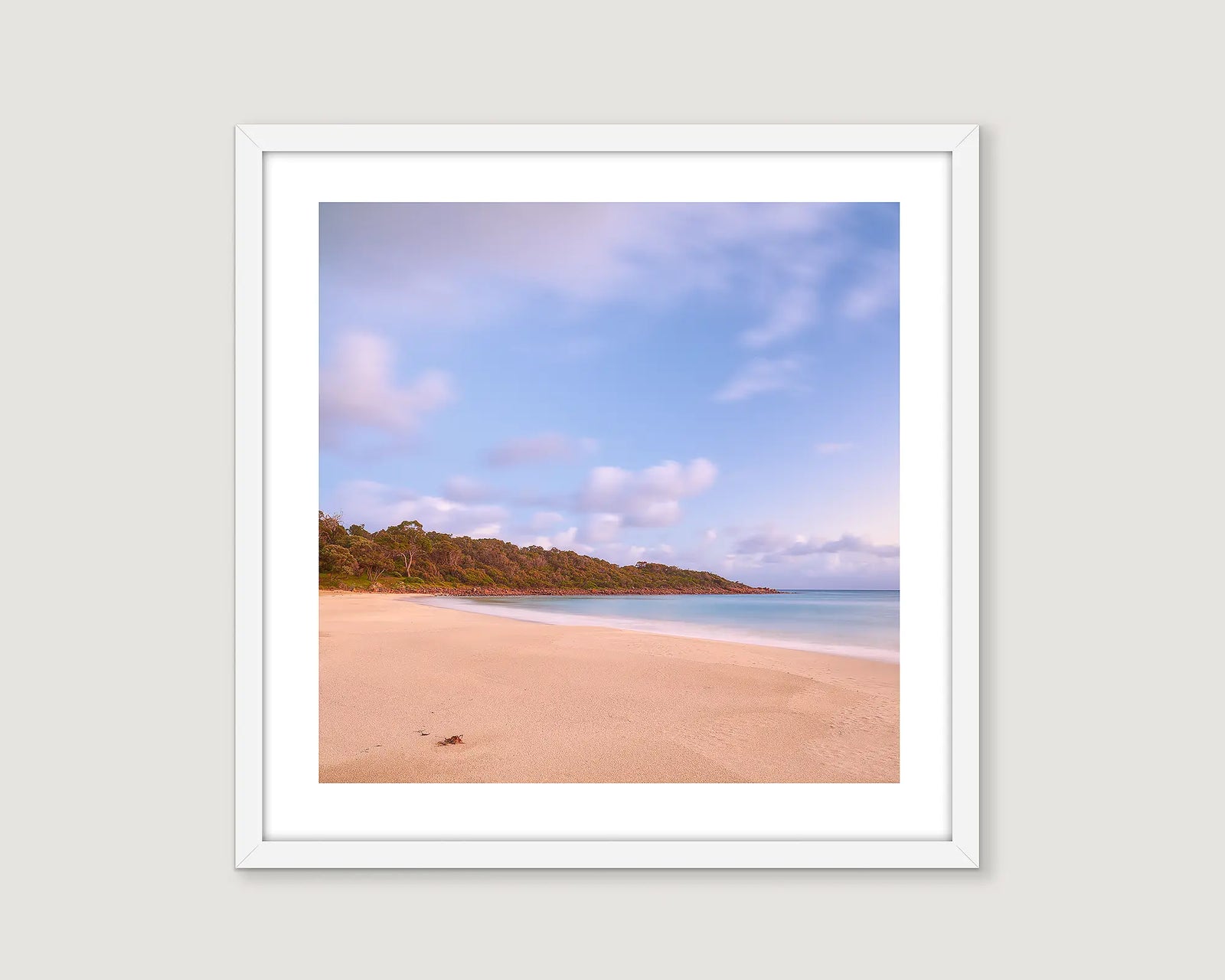 Framed photograph of Meelup Beach at low tide on a calm, clear morning.