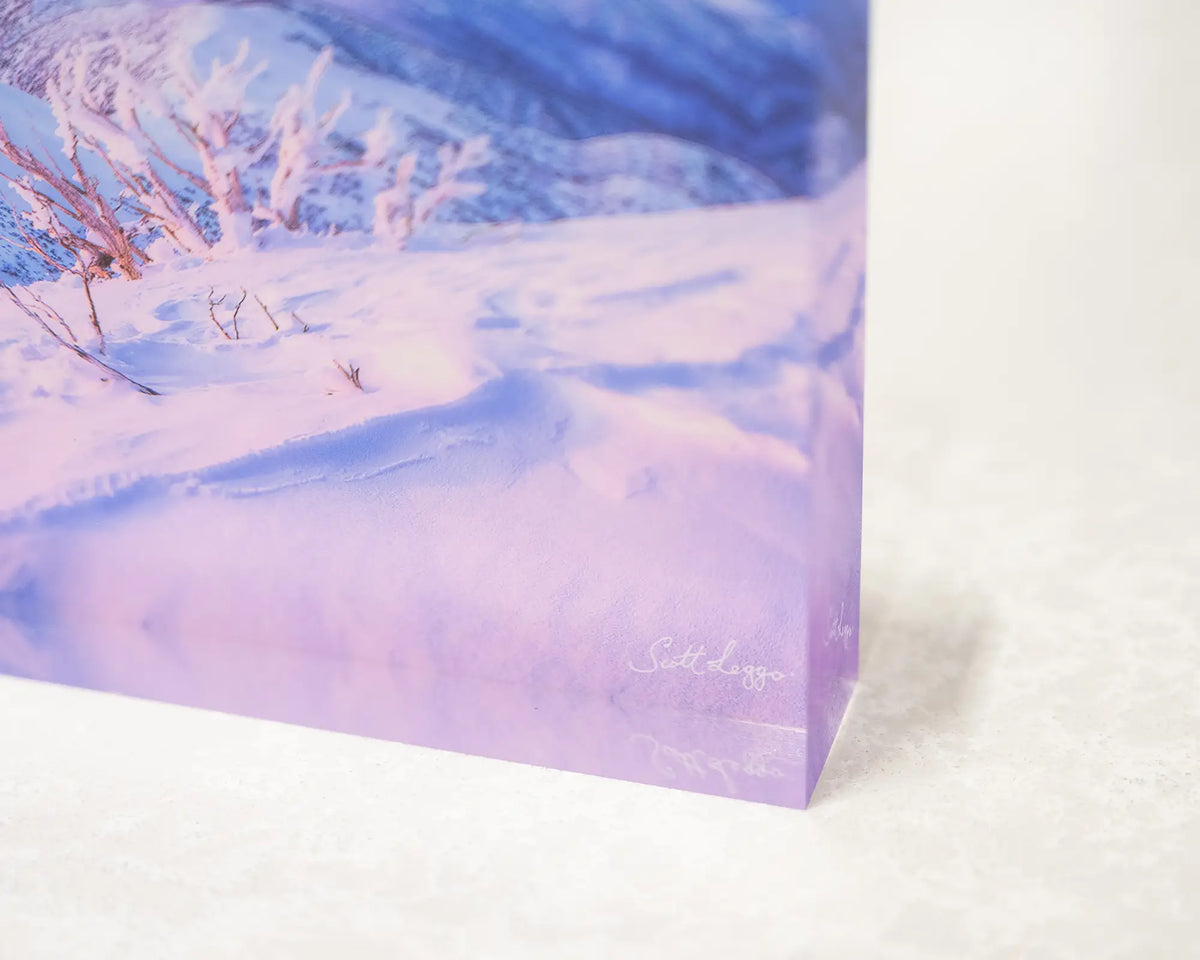 Memories Of Winter. Acrylic block of sunset light over Mount Feathertop, corner close-up details.