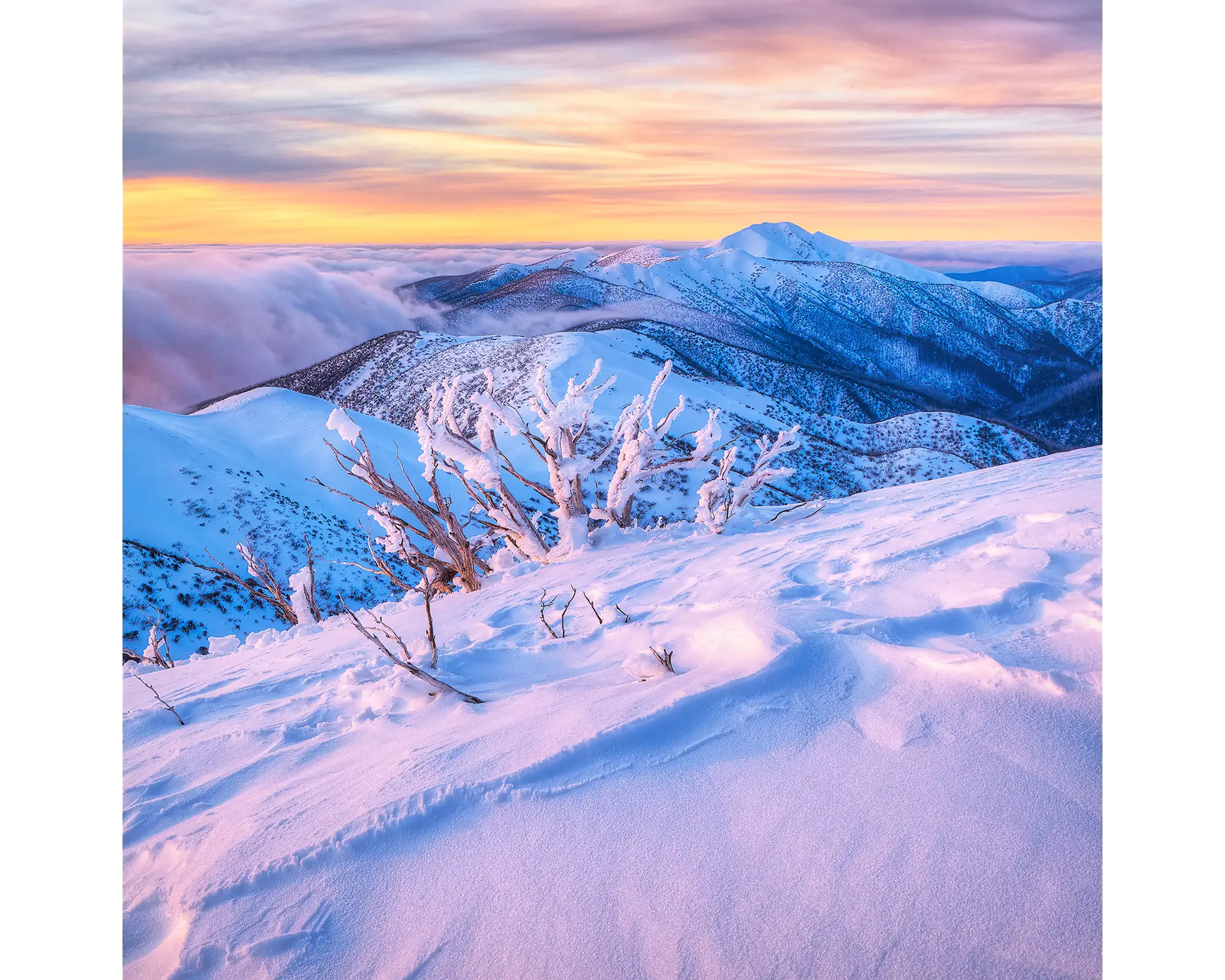 Memories of Winter acrylic block - sunset over Mount Feathertop.