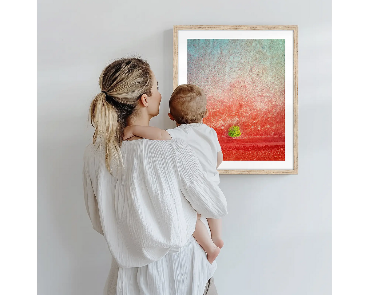 Mini. Abstract Kimberley artwork with a timber frame, being admired by a mother and baby. 