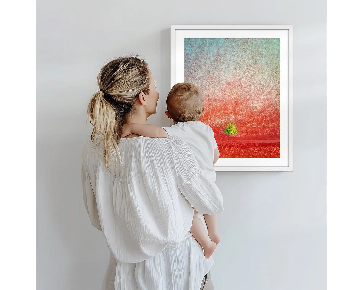 Mini. Abstract Kimberley artwork with a white frame, being admired by a mother and baby. 