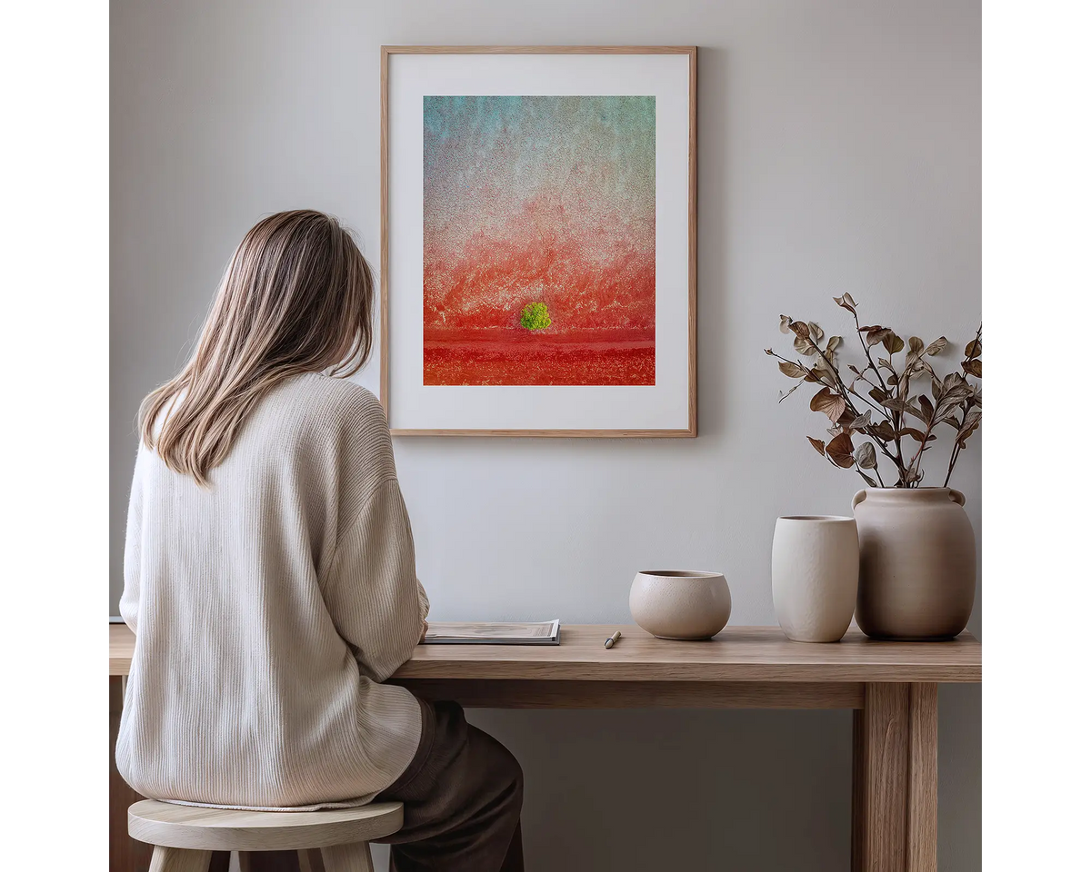 Mini. Abstract Kimberley photography artwork with a timber frame, hung in a study nook.