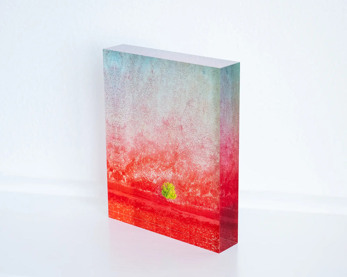 Mini. Acrylic block aerial artwork Broome, The Kimberley, sitting on shelf.
