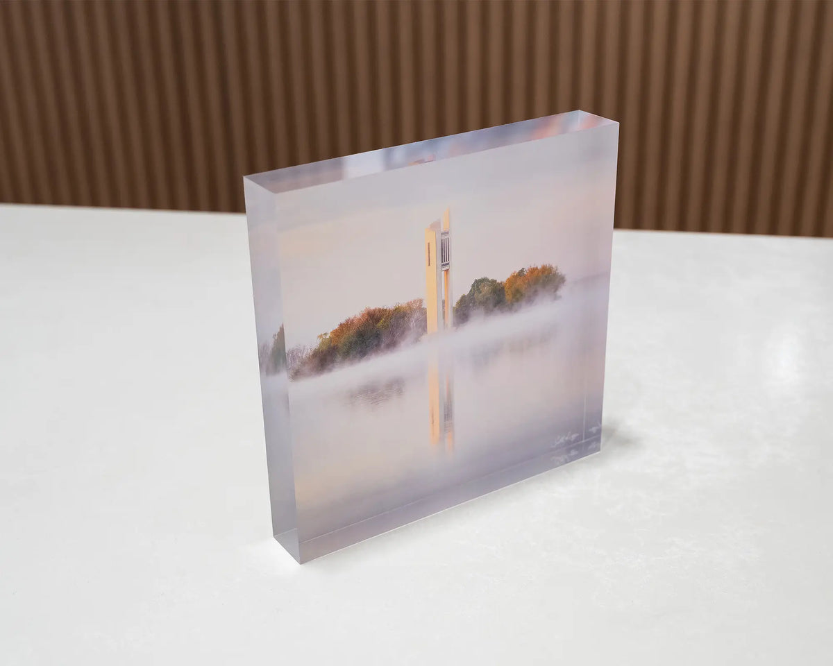 Morning Fog. Acrylic block of fog over National Carillon Canberra, sitting on a desk.