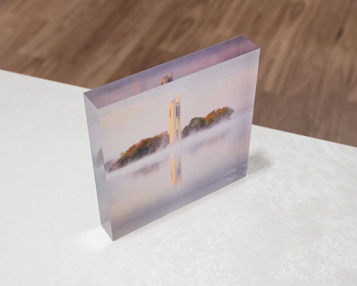 Morning Fog. Acrylic block of fog over National Carillon Canberra, top view.