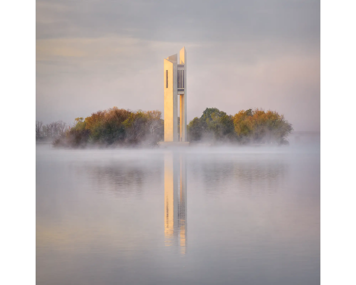 Morning Fog - National Carillon at sunrise, Lake Burley Griffin, Canberra.