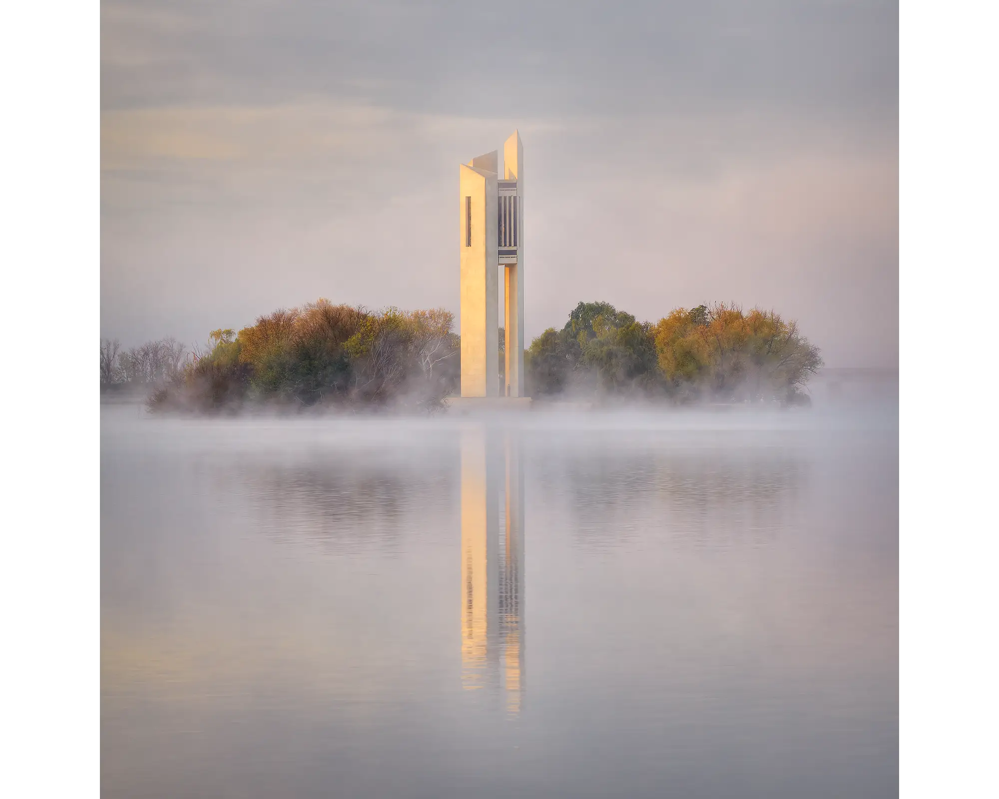 Morning Fog - National Carillon at sunrise, Lake Burley Griffin, Canberra.