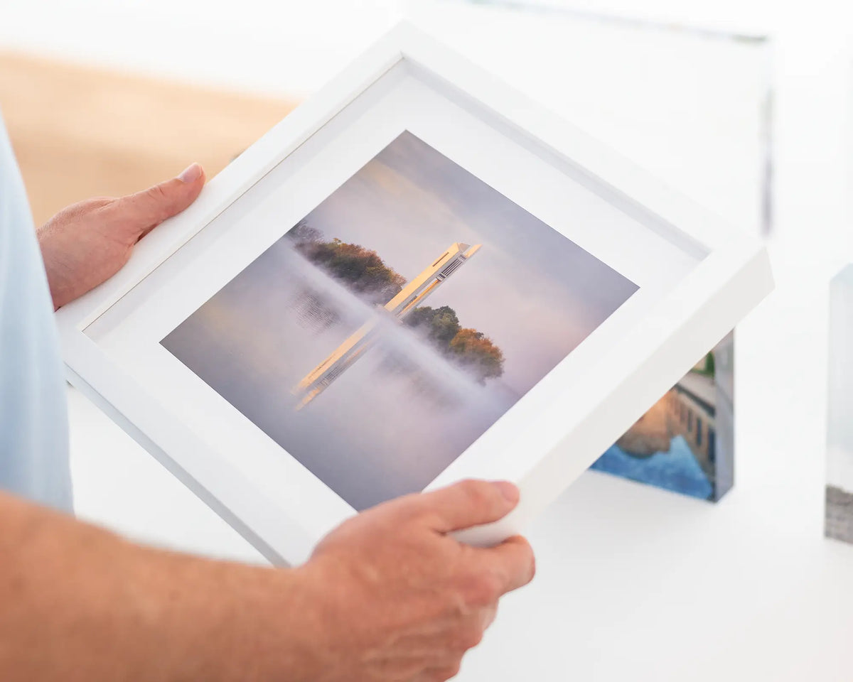 Morning Fog - National Carillon Canberra, artwork with small white frame.