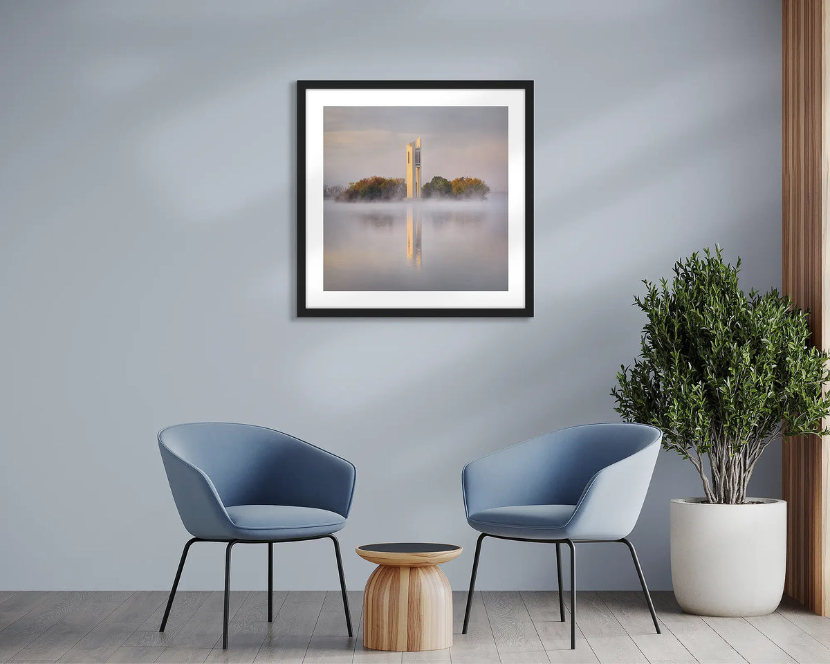 Morning Fog. Wall art print of the National Carillon in Canberra, framed with a black frame, and hung in a waiting room. 