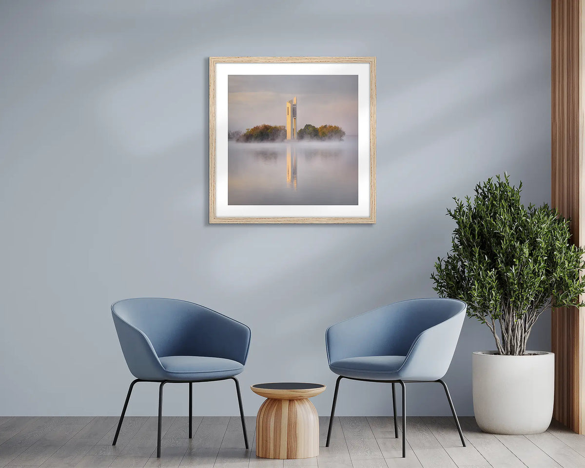 Morning Fog. Wall art print of the National Carillon in Canberra, framed with a Tassie Oak frame, and hung in a waiting room. 