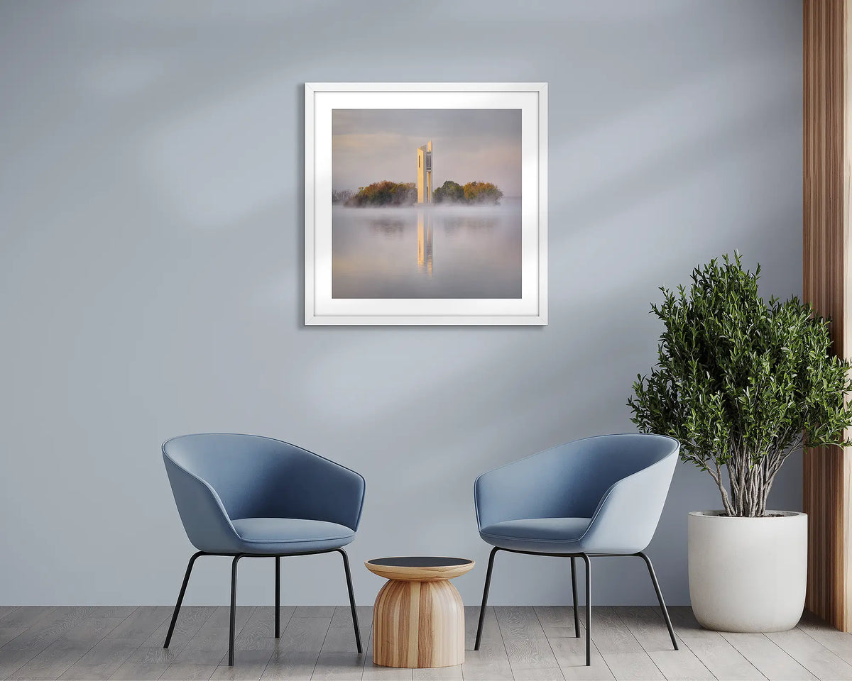 Morning Fog. Wall art print of the National Carillon in Canberra, framed with a white frame, and hung in a waiting room. 
