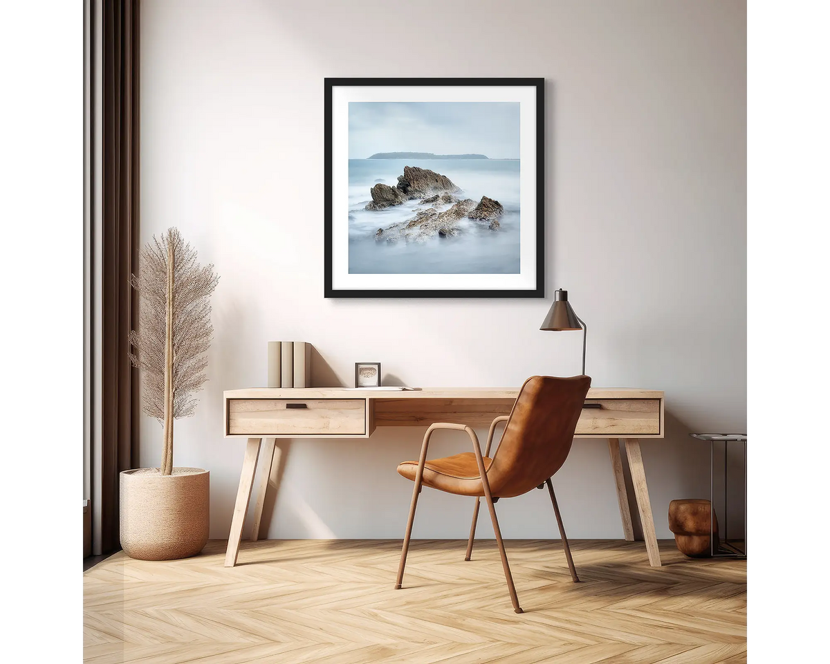 Mossy Point. Photographic wall art print with a black frame, hung above a scandi office desk. 