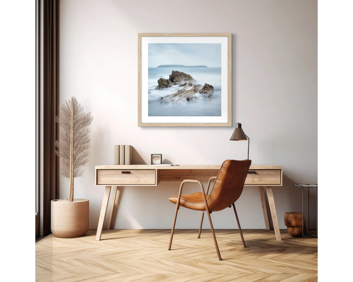 Mossy Point. Photographic wall art print with a Tassie oak frame, hung above a scandi office desk. 