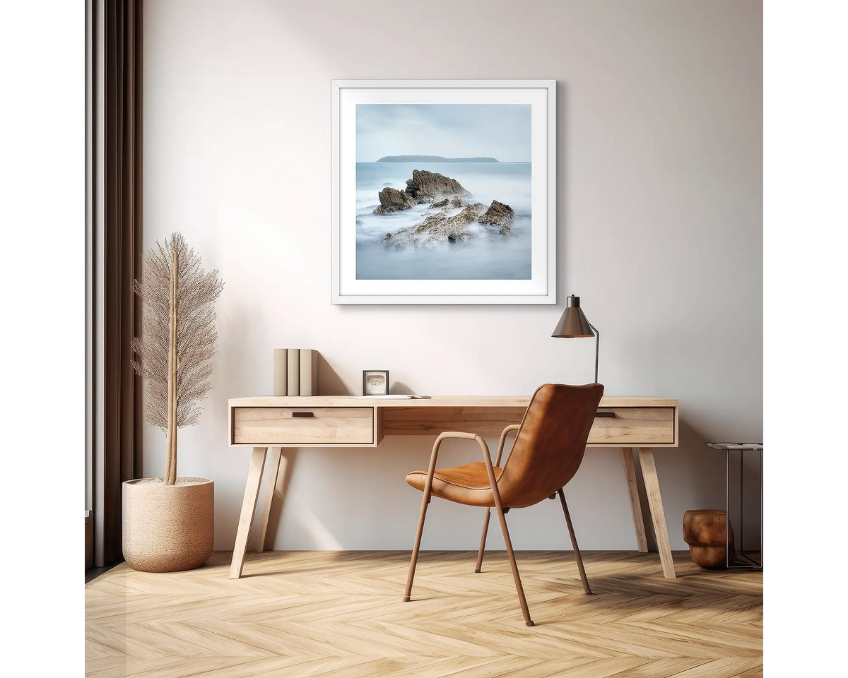 Mossy Point. Photographic wall art print with a white frame, hung above a scandi office desk. 
