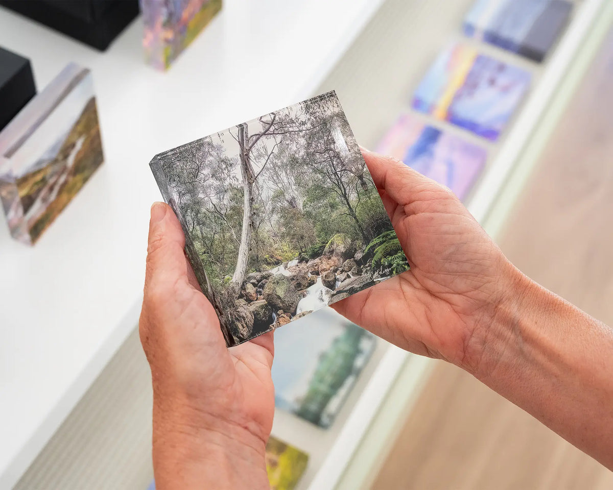 Mountain Flow. Acrylic block held in hands, Mount Buffalo National Park Victoria.